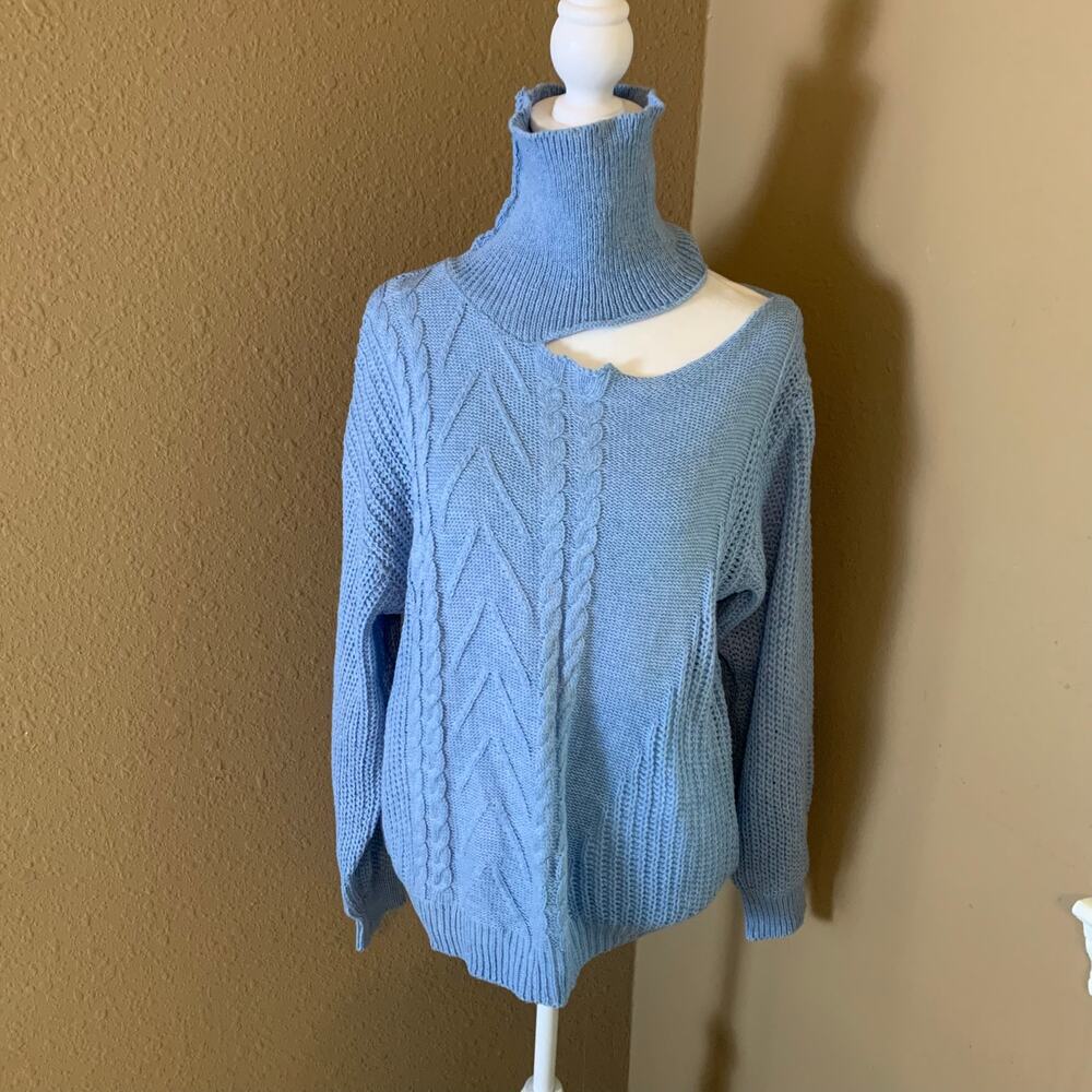 Blue Cut Out Turtleneck Sweater M Asymmetrical Knit Chunky Indie Soft Girl